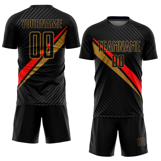 Custom Black Red-Old Gold Diagonal Lines Sublimation Soccer Uniform Jersey - Sky-Custom