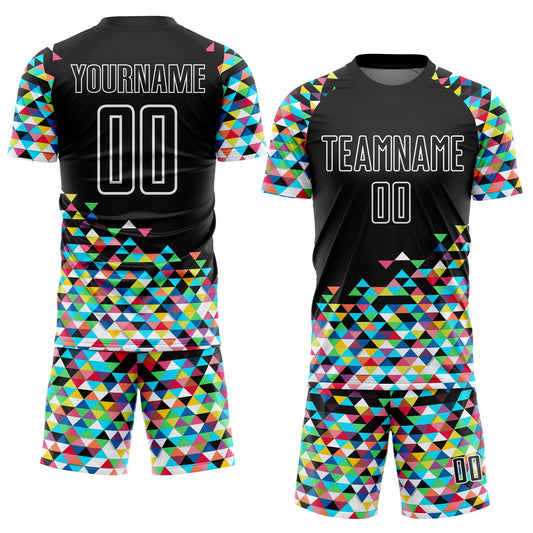 Custom Black White Colorful Geometric Triangle Sublimation Soccer Uniform Jersey - Sky-Custom