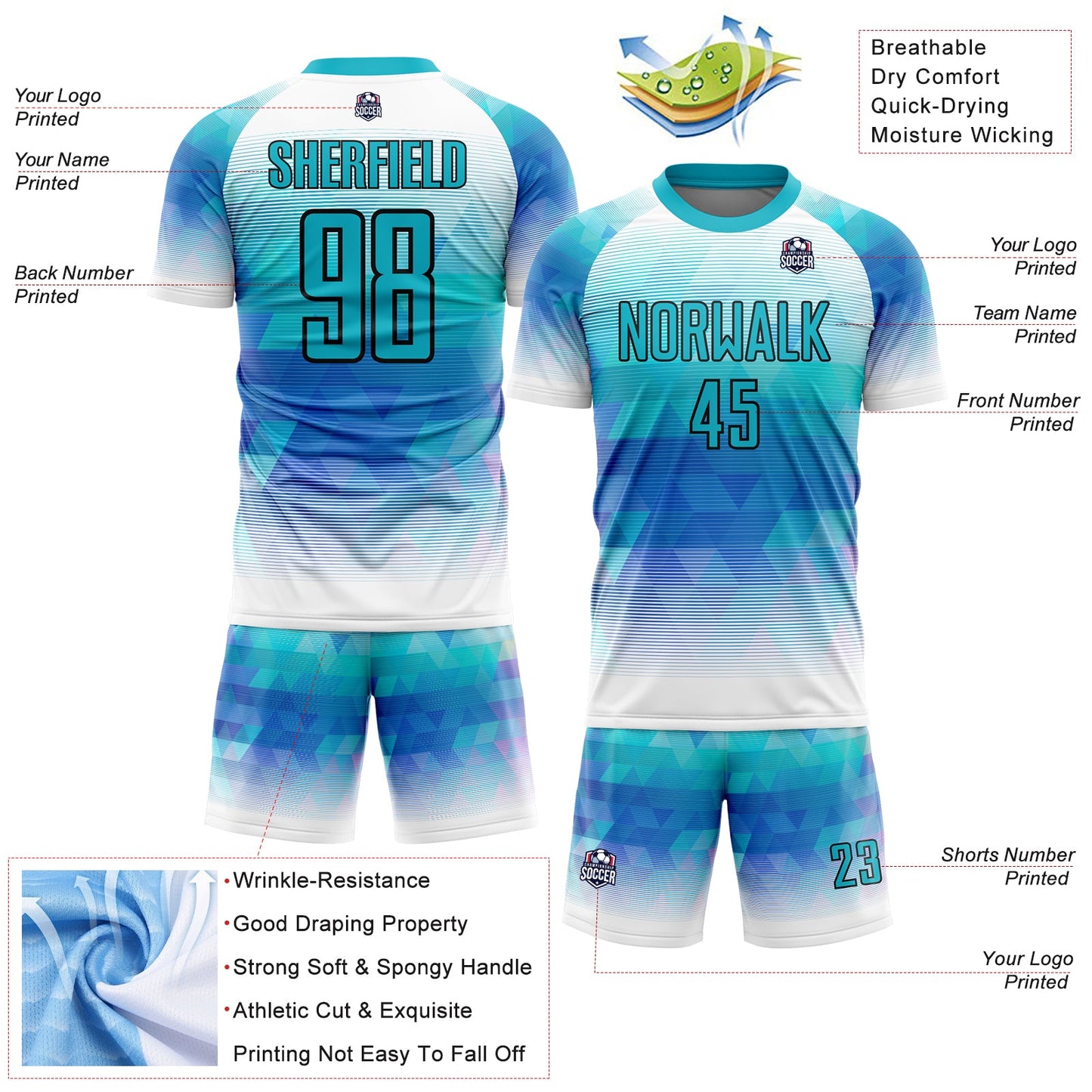 Custom Teal White Geometric Triangle Sublimation Soccer Uniform Jersey - Sky-Custom
