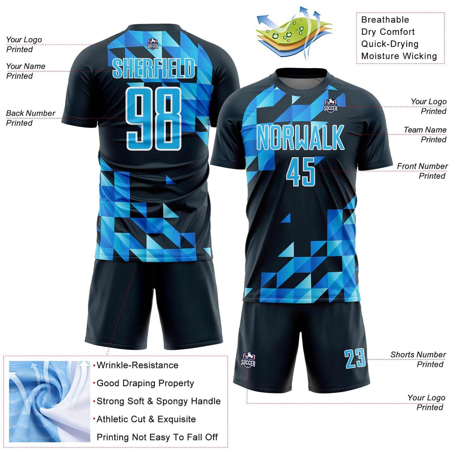 Custom Navy Sky Blue-White Geometric Shapes Sublimation Soccer Uniform Jersey - Sky-Custom