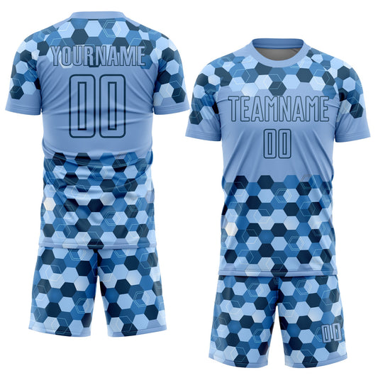 Custom Light Blue Black Geometric Shapes Sublimation Soccer Uniform Jersey - Sky-Custom