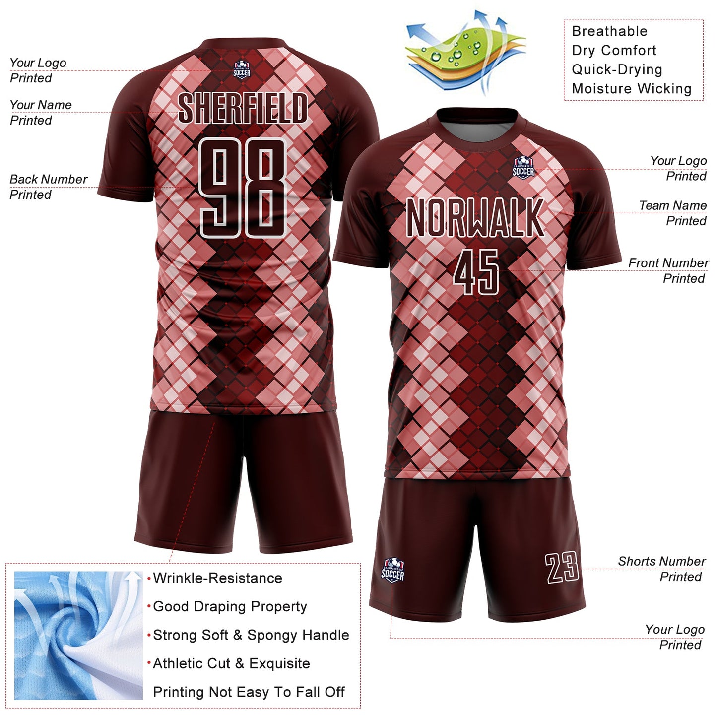 Custom Burgundy White Geometric Shapes Sublimation Soccer Uniform Jersey - Sky-Custom