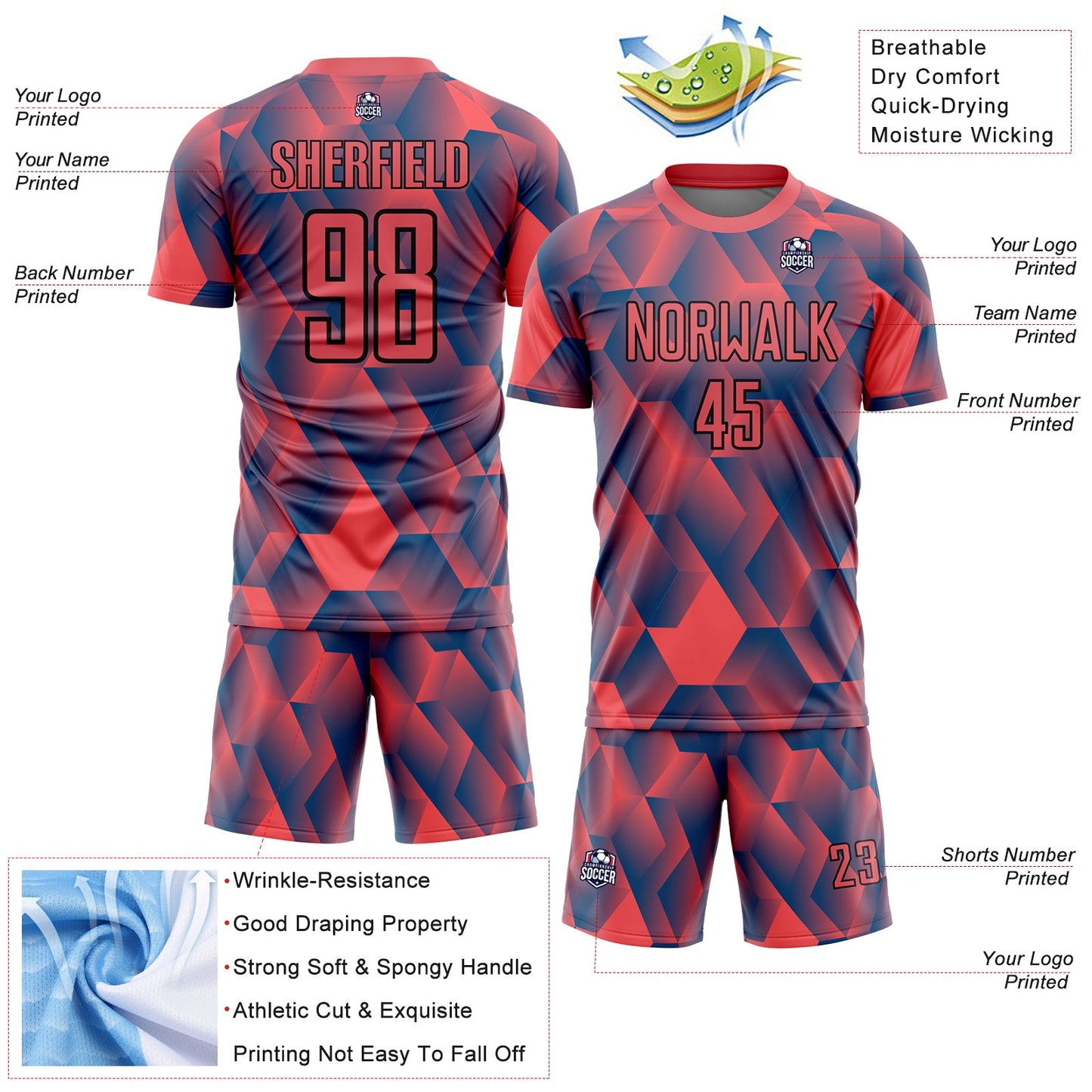 Custom Fire Red Black Geometric Shapes Sublimation Soccer Uniform Jersey - Sky-Custom