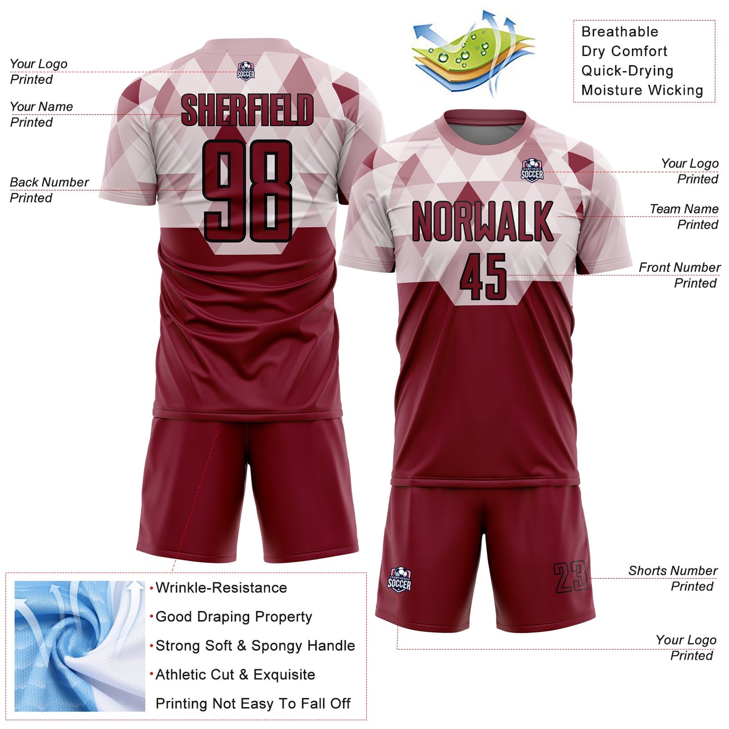 Custom Crimson Black Geometric Shapes Sublimation Soccer Uniform Jersey - Sky-Custom