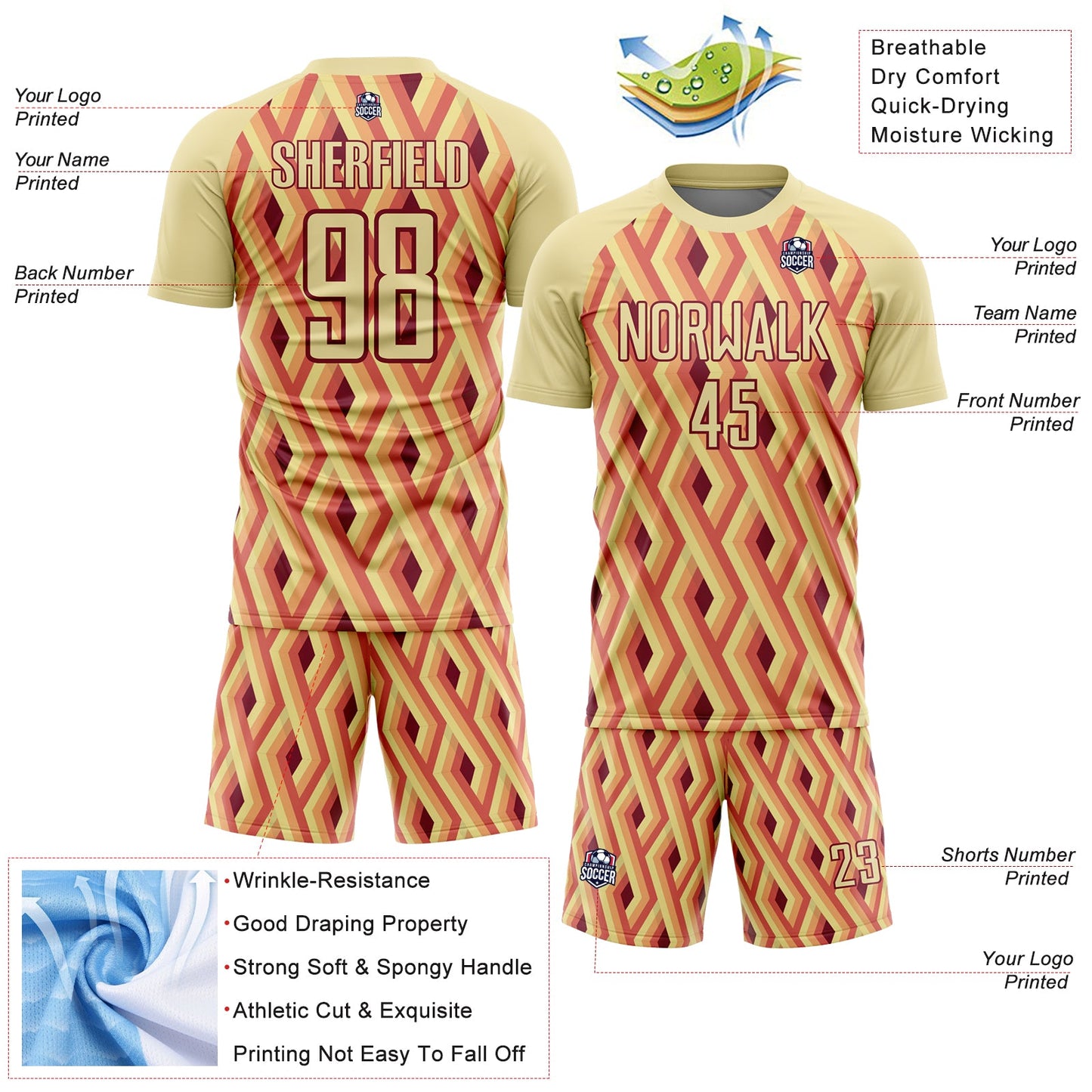 Custom Sand Crimson Geometric Shapes Sublimation Soccer Uniform Jersey - Sky-Custom