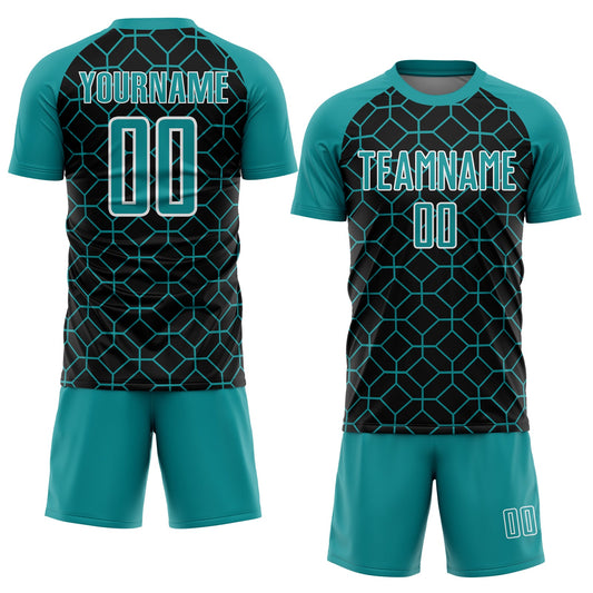 Custom Black Teal-White Geometric Shapes Sublimation Soccer Uniform Jersey - Sky-Custom