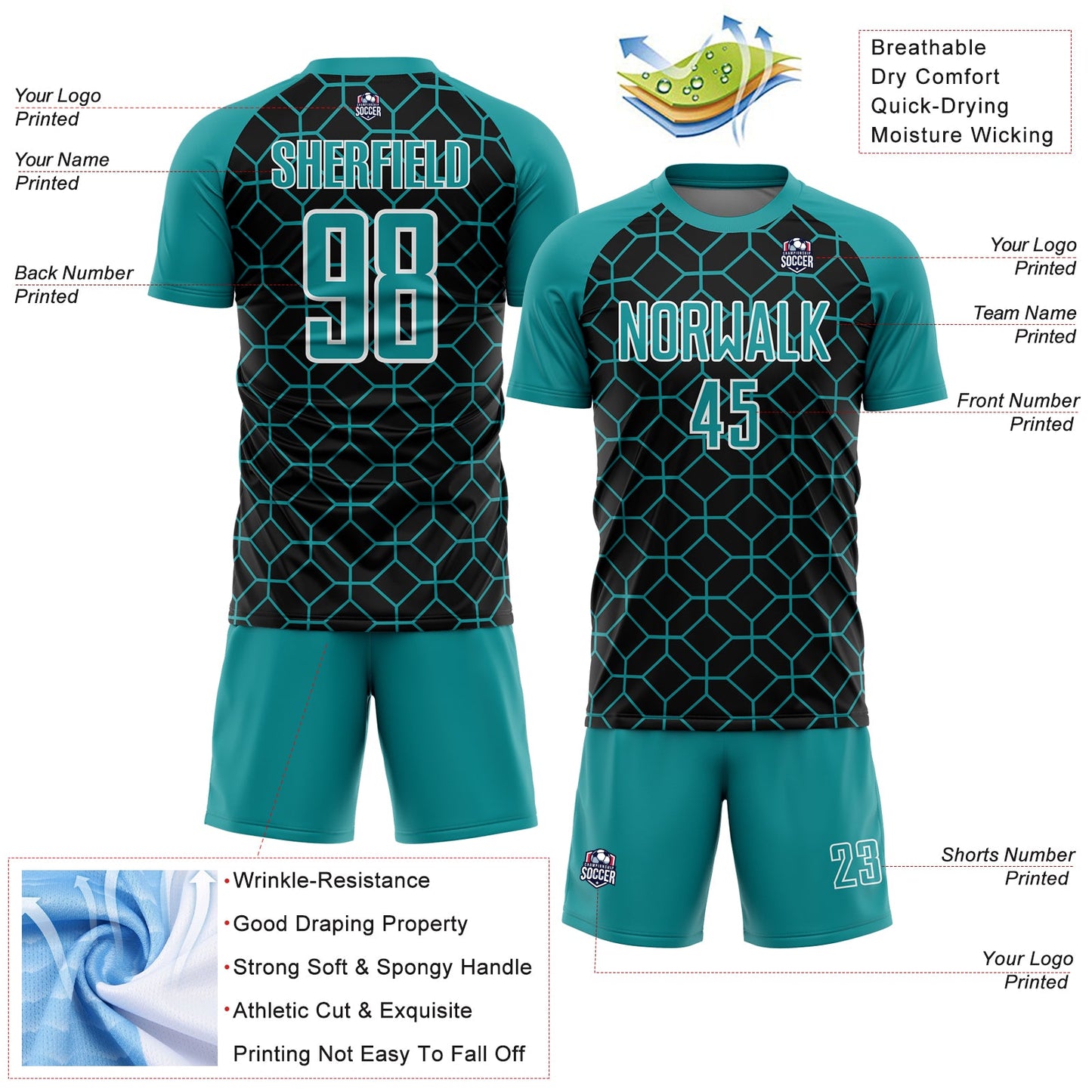 Custom Black Teal-White Geometric Shapes Sublimation Soccer Uniform Jersey - Sky-Custom