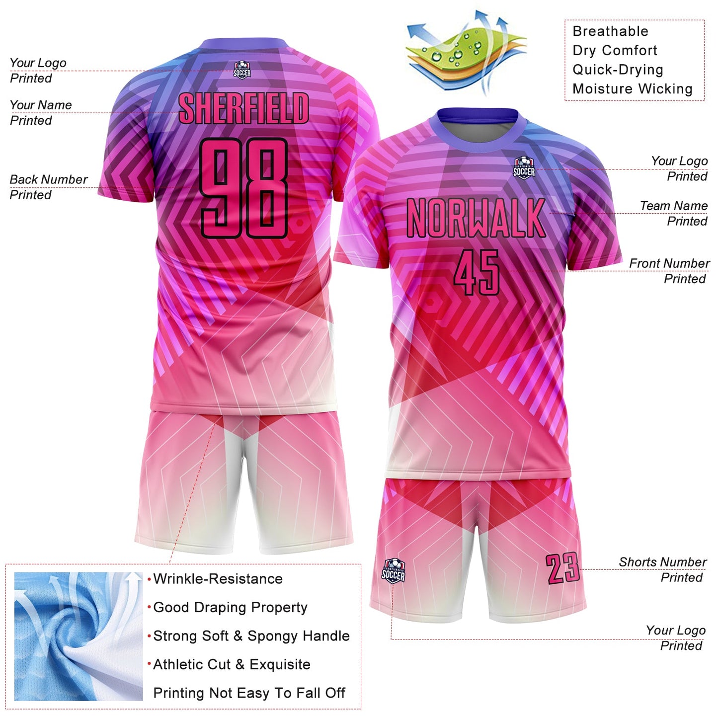 Custom Purple Pink-Black Geometric Shapes Sublimation Soccer Uniform Jersey - Sky-Custom