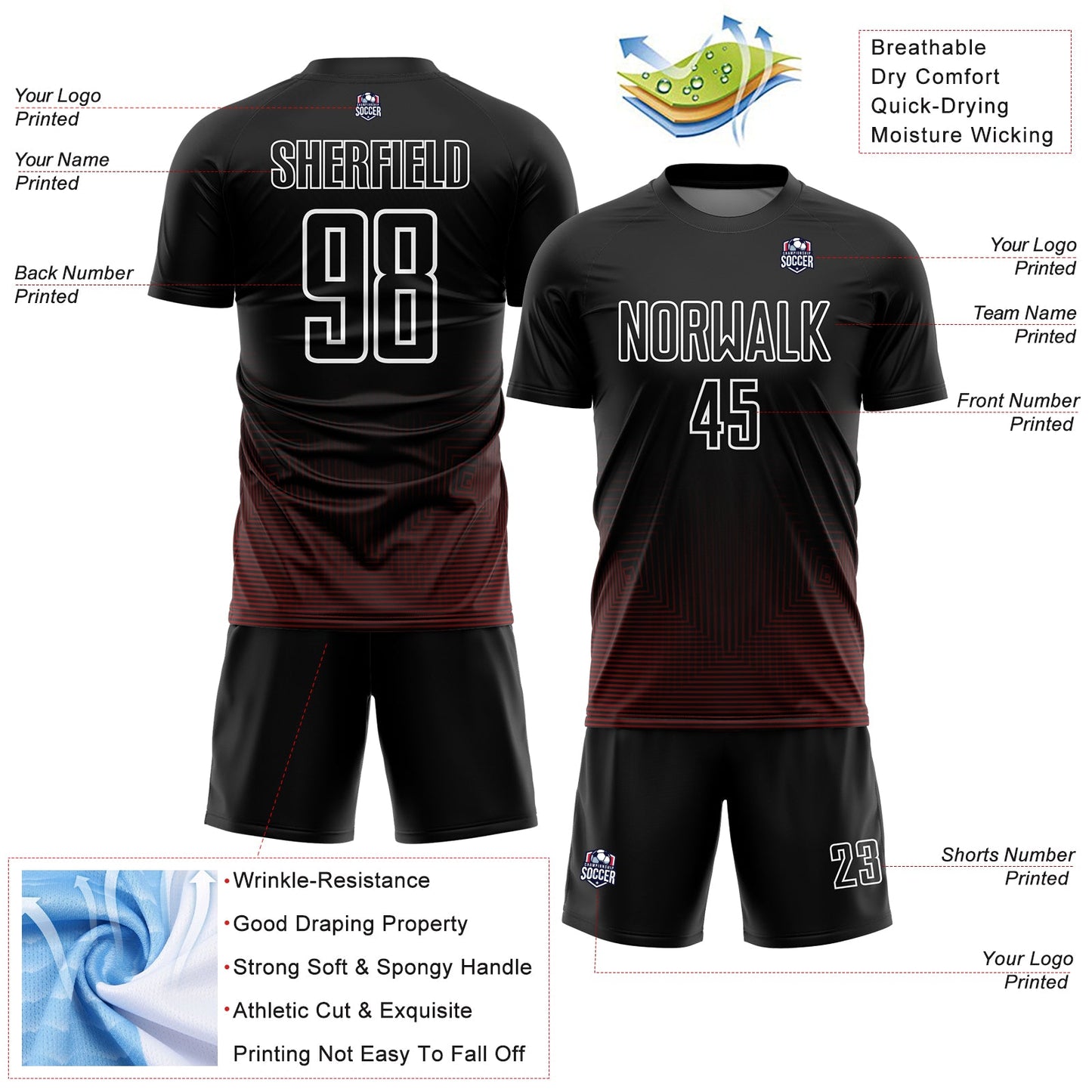 Custom Black Red-White Geometric Lines Sublimation Soccer Uniform Jersey - Sky-Custom