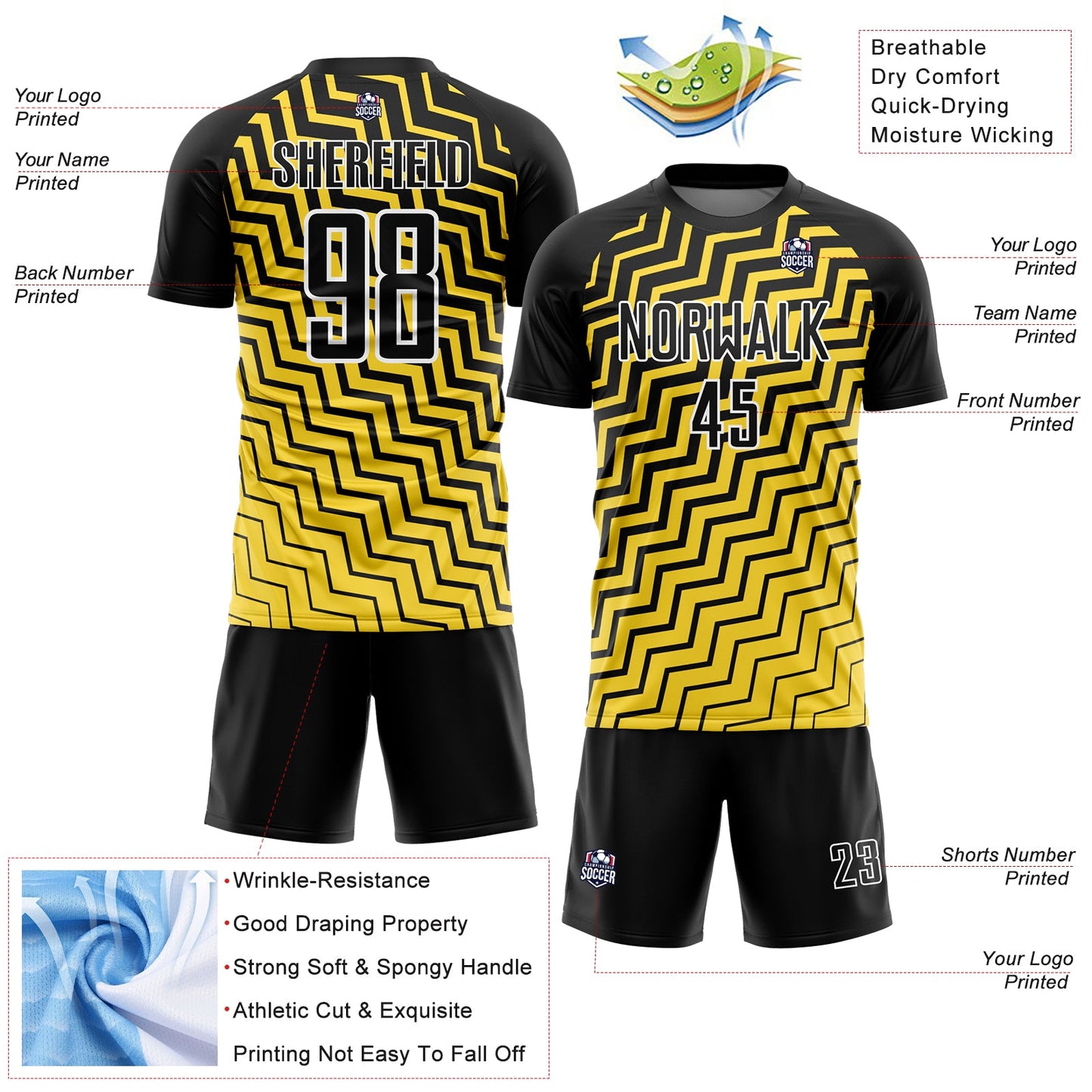 Custom Yellow Black-White Geometric Lines Sublimation Soccer Uniform Jersey - Sky-Custom