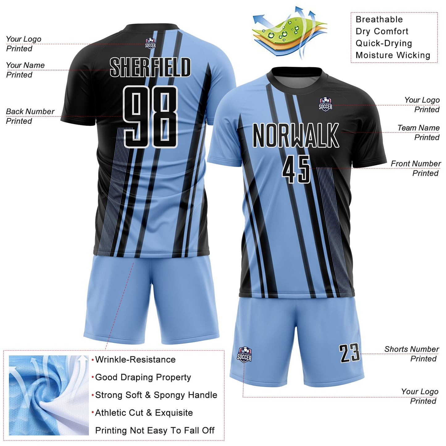 Custom Light Blue Black-White Lines Sublimation Soccer Uniform Jersey - Sky-Custom