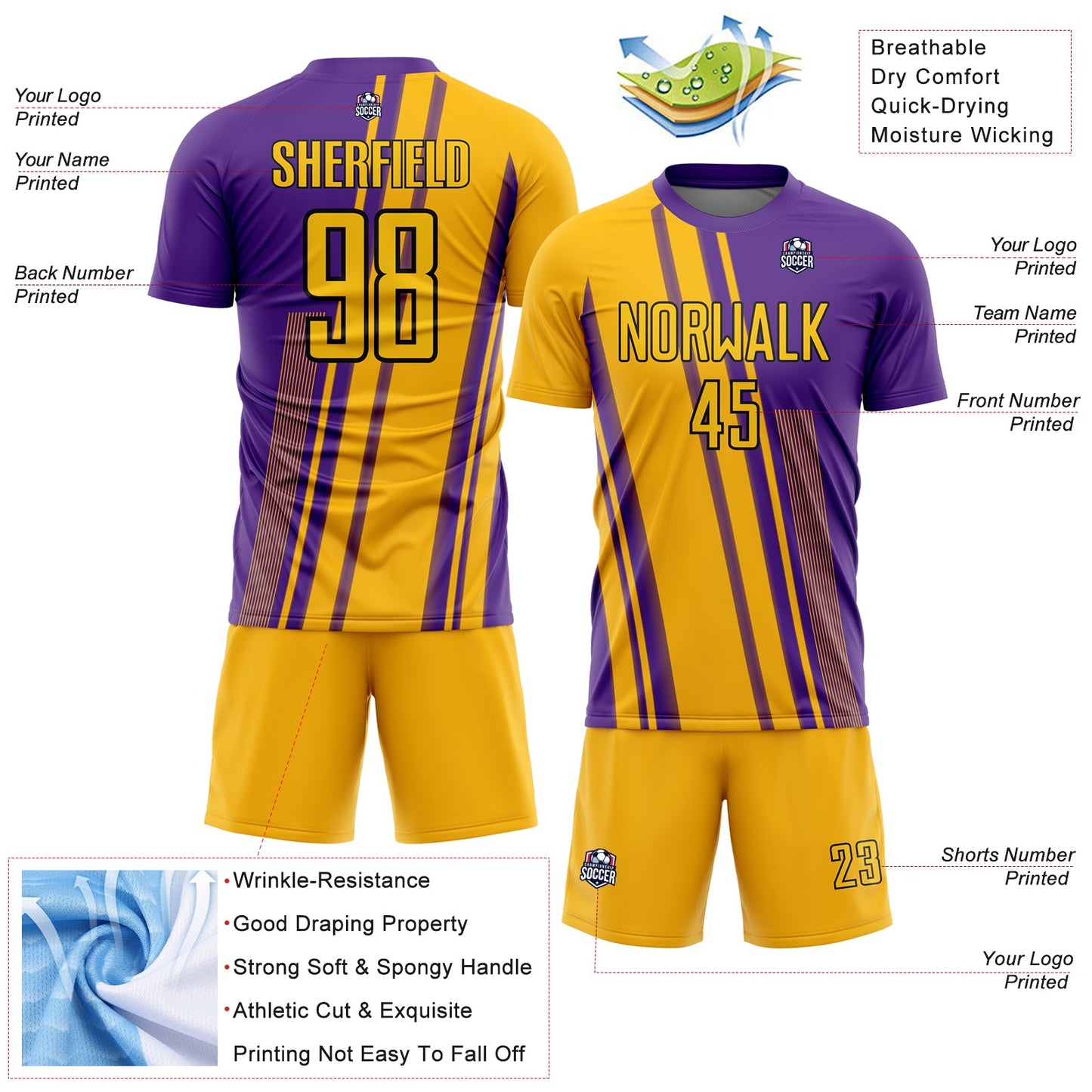 Custom Gold Purple-White Lines Sublimation Soccer Uniform Jersey - Sky-Custom