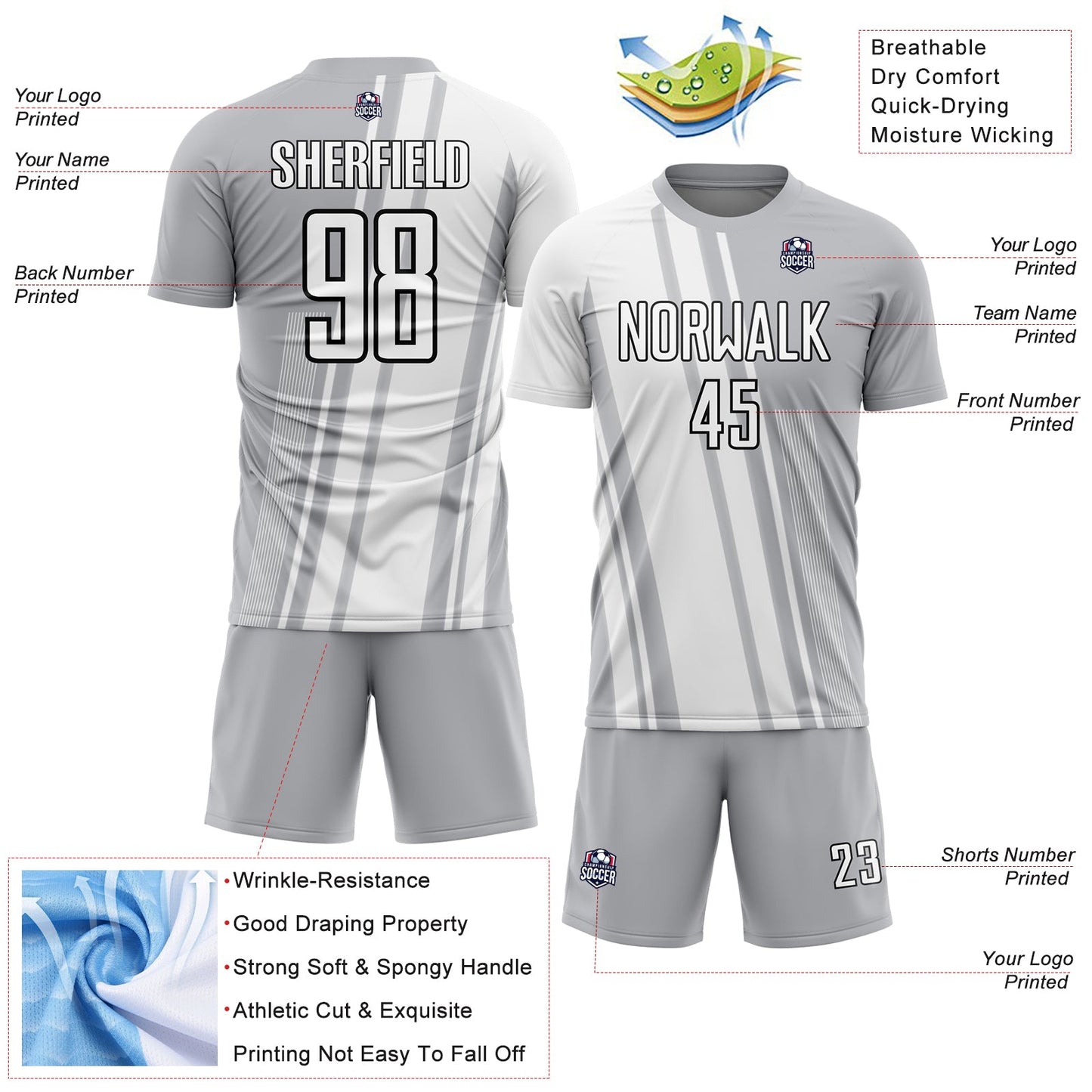 Custom Gray White-Black Lines Sublimation Soccer Uniform Jersey - Sky-Custom