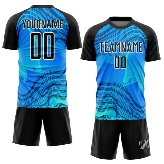 Custom Sky Blue Black-White Waves Sublimation Soccer Uniform Jersey - Sky-Custom