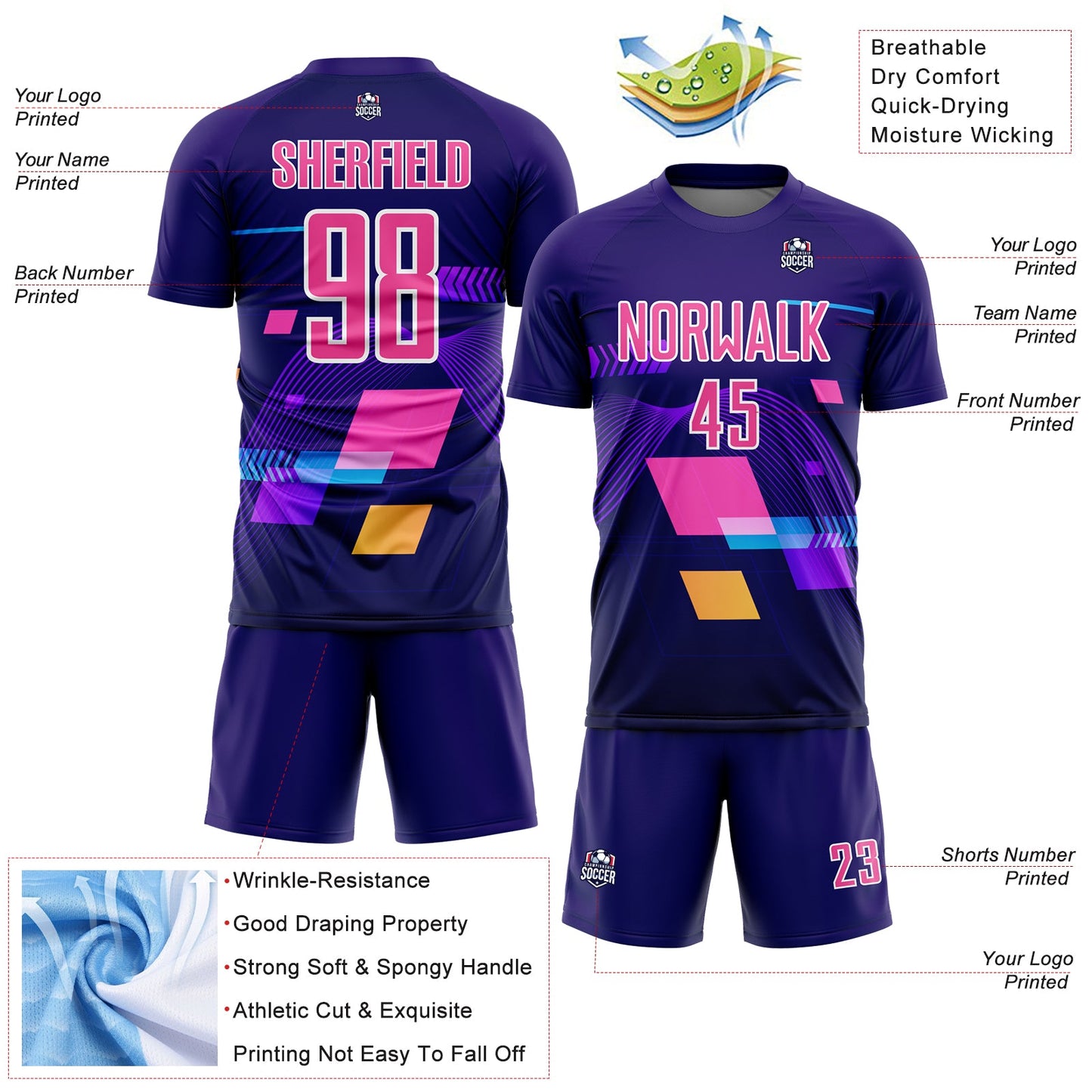 Custom Dark Purple Pink-White Geometric Shapes Sublimation Soccer Uniform Jersey - Sky-Custom