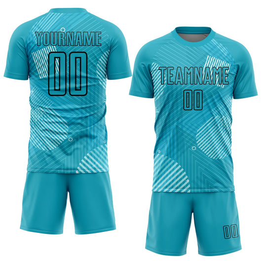 Custom Aqua Black Lines Sublimation Soccer Uniform Jersey - Sky-Custom