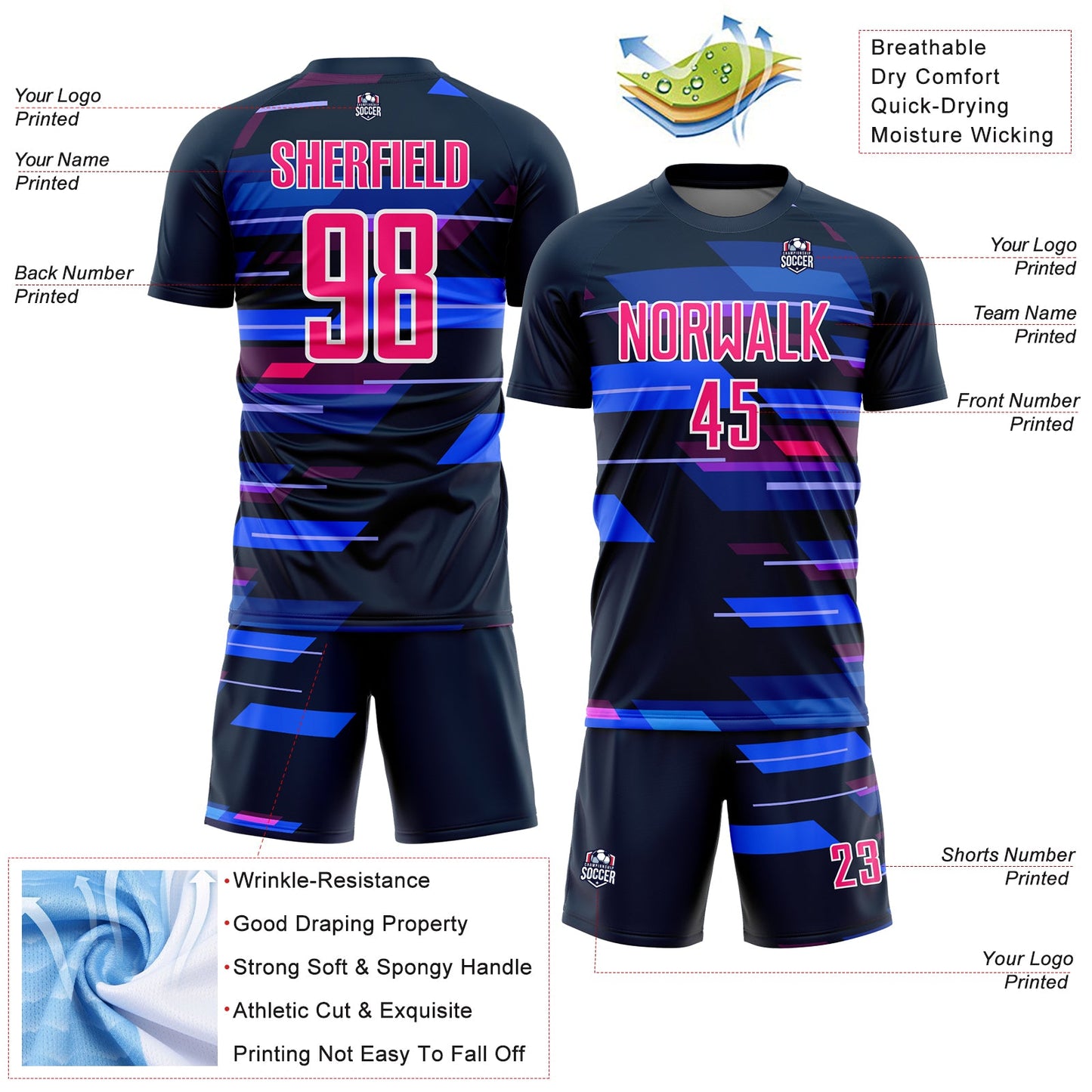 Custom Navy Pink-White Geometric Shapes Sublimation Soccer Uniform Jersey - Sky-Custom