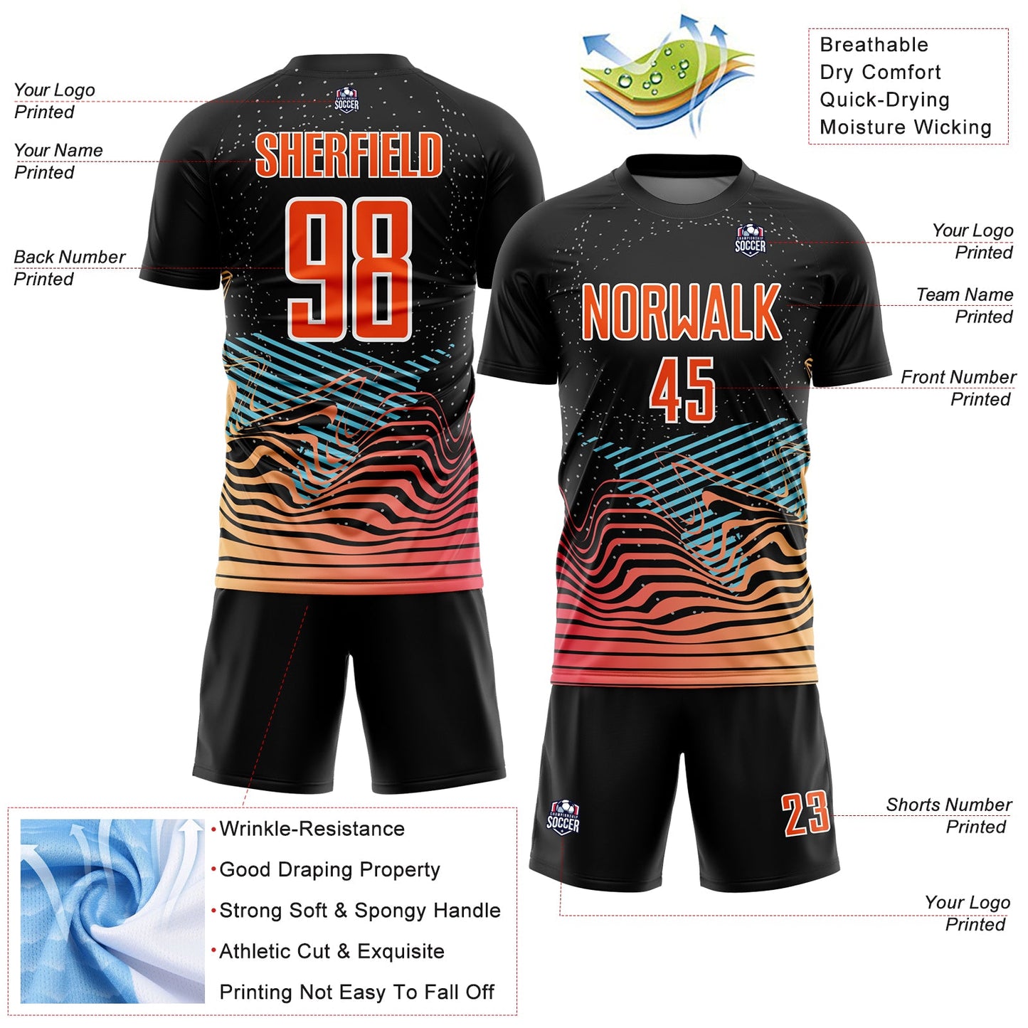 Custom Black Orange-White Lines Sublimation Soccer Uniform Jersey - Sky-Custom