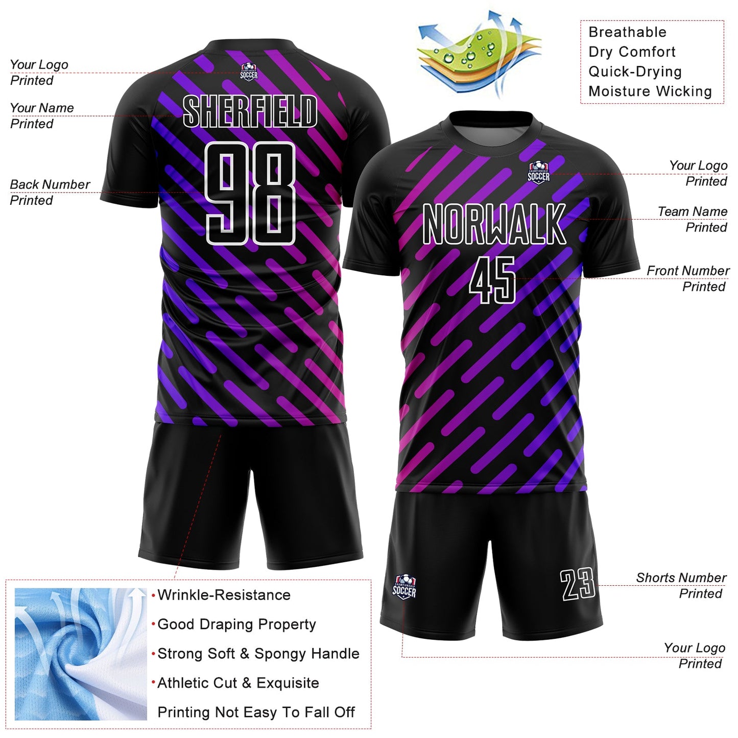 Custom Black Purple-Pink Lines Sublimation Soccer Uniform Jersey - Sky-Custom