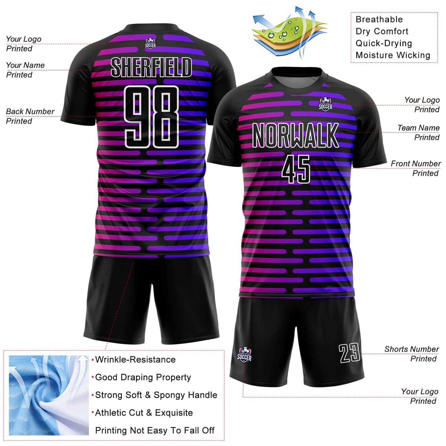 Custom Black Purple-Pink Lines Sublimation Soccer Uniform Jersey - Sky-Custom