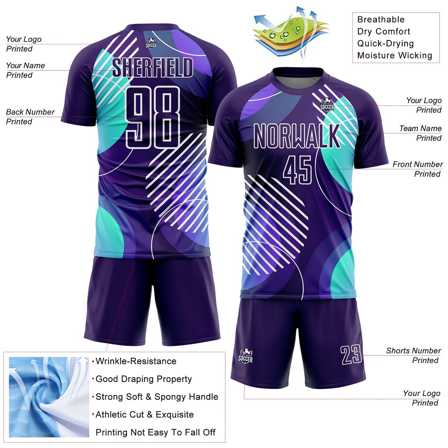 Custom Dark Purple White Geometric Shapes Sublimation Soccer Uniform Jersey - Sky-Custom