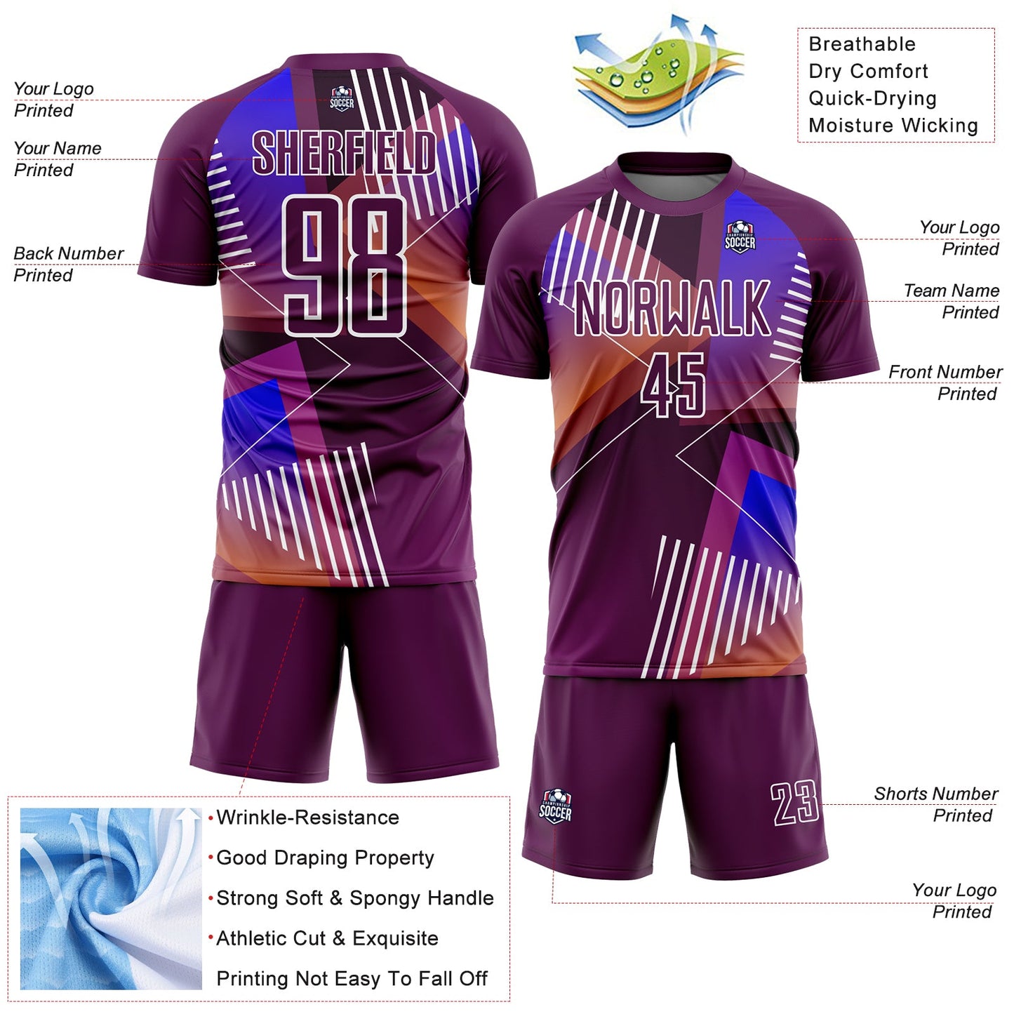 Custom Purple White Geometric Shapes Sublimation Soccer Uniform Jersey - Sky-Custom