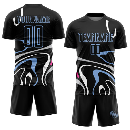 Custom Black Light Blue Fluid Shapes Sublimation Soccer Uniform Jersey - Sky-Custom