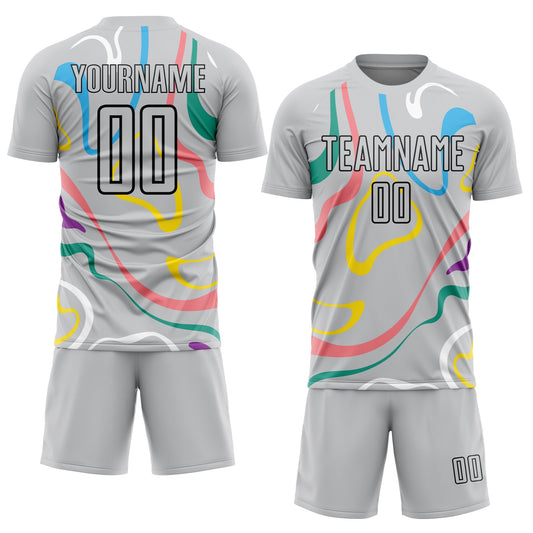 Custom Gray Black Fluid Shapes Sublimation Soccer Uniform Jersey - Sky-Custom