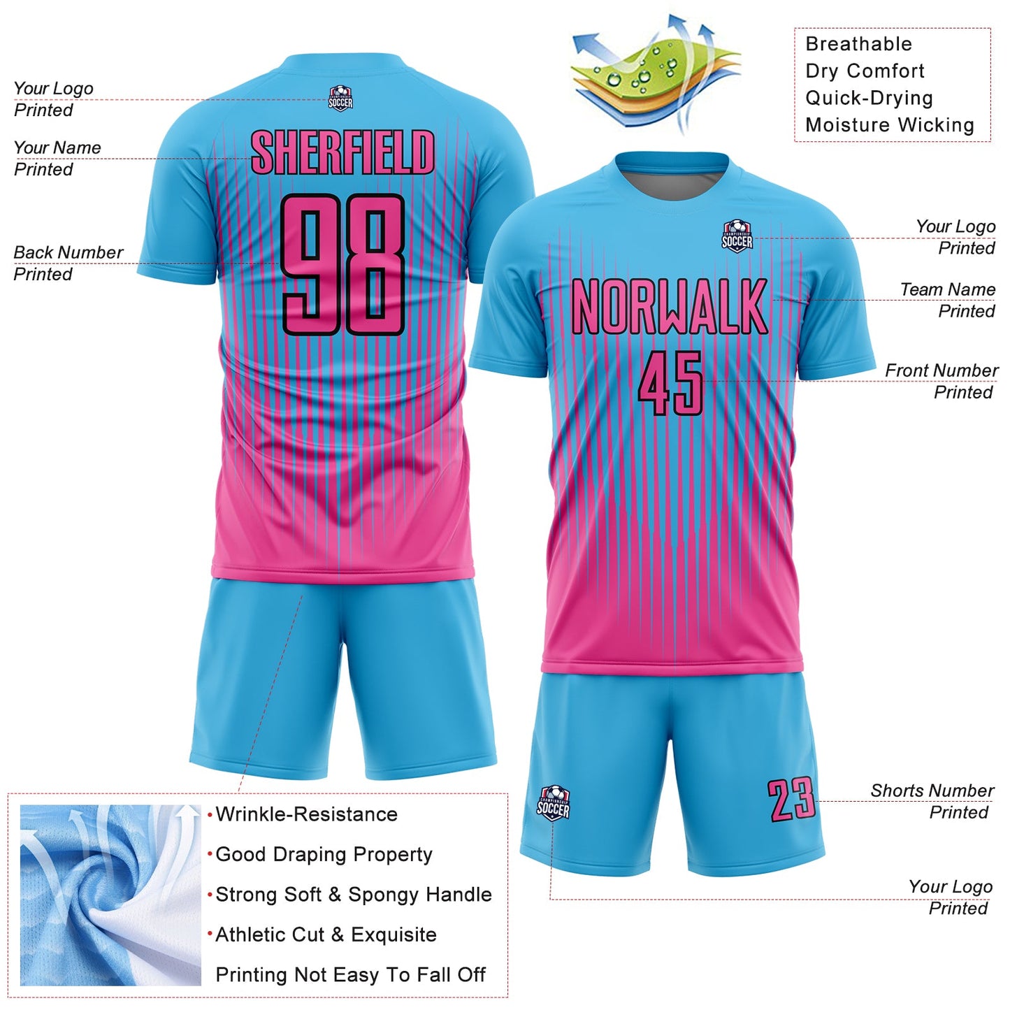 Custom Sky Blue Pink-Black Lines Sublimation Soccer Uniform Jersey - Sky-Custom