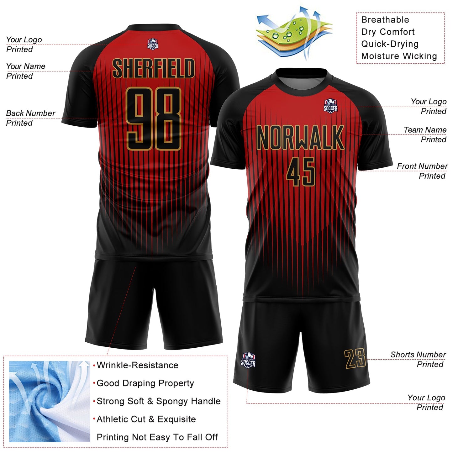 Custom Black Red-Old Gold Lines Sublimation Soccer Uniform Jersey - Sky-Custom
