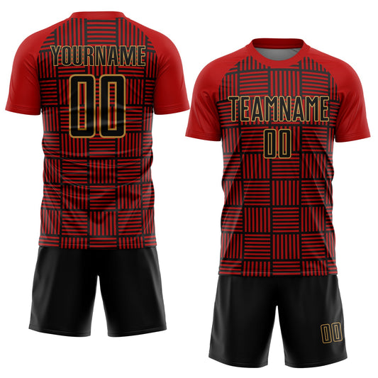 Custom Red Black-Old Gold Lines Sublimation Soccer Uniform Jersey - Sky-Custom