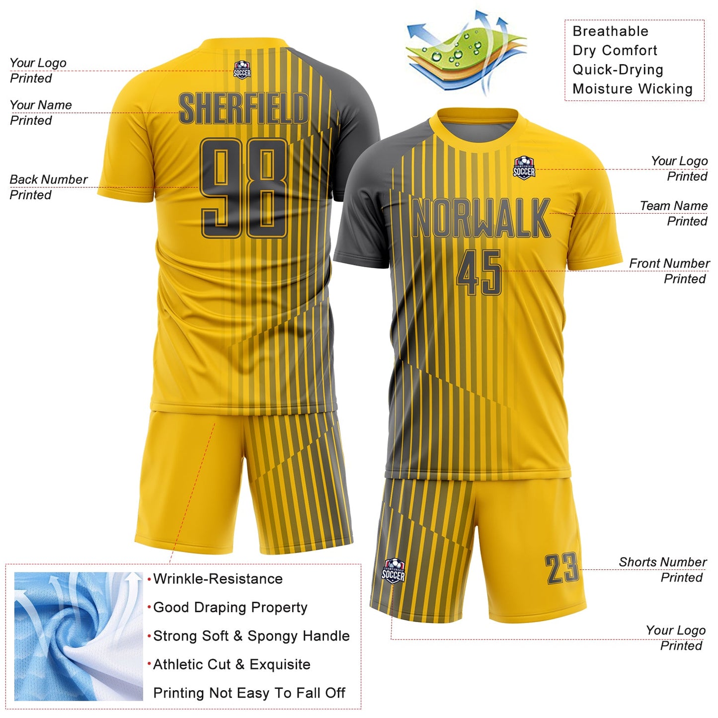 Custom Yellow Steel Gray Lines Sublimation Soccer Uniform Jersey - Sky-Custom