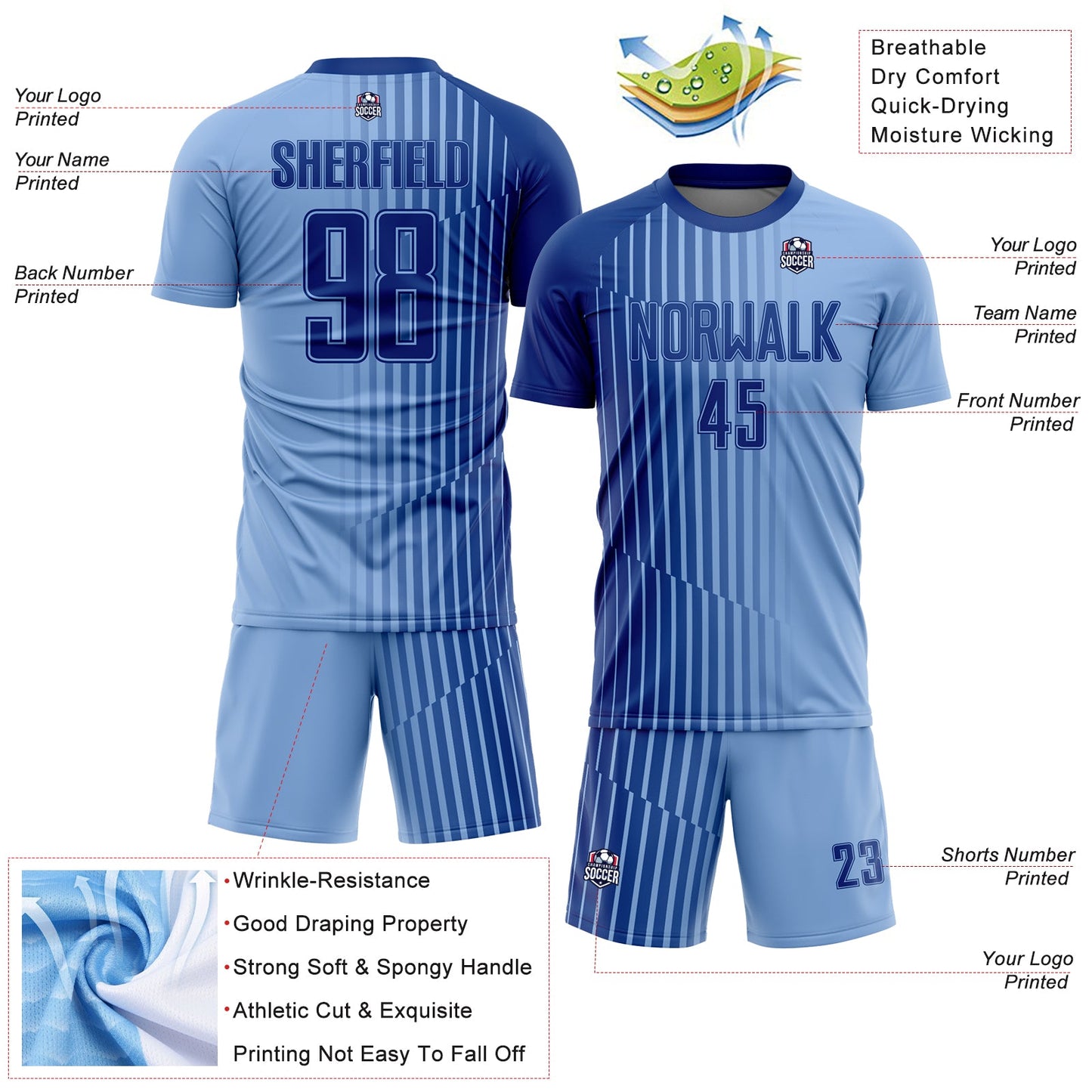 Custom Light Blue Royal Lines Sublimation Soccer Uniform Jersey - Sky-Custom