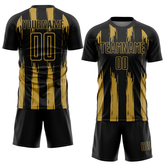 Custom Black Old Gold Abstract Stripes Sublimation Soccer Uniform Jersey - Sky-Custom