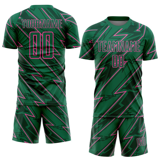 Custom Kelly Green Pink Lightning Sublimation Soccer Uniform Jersey - Sky-Custom