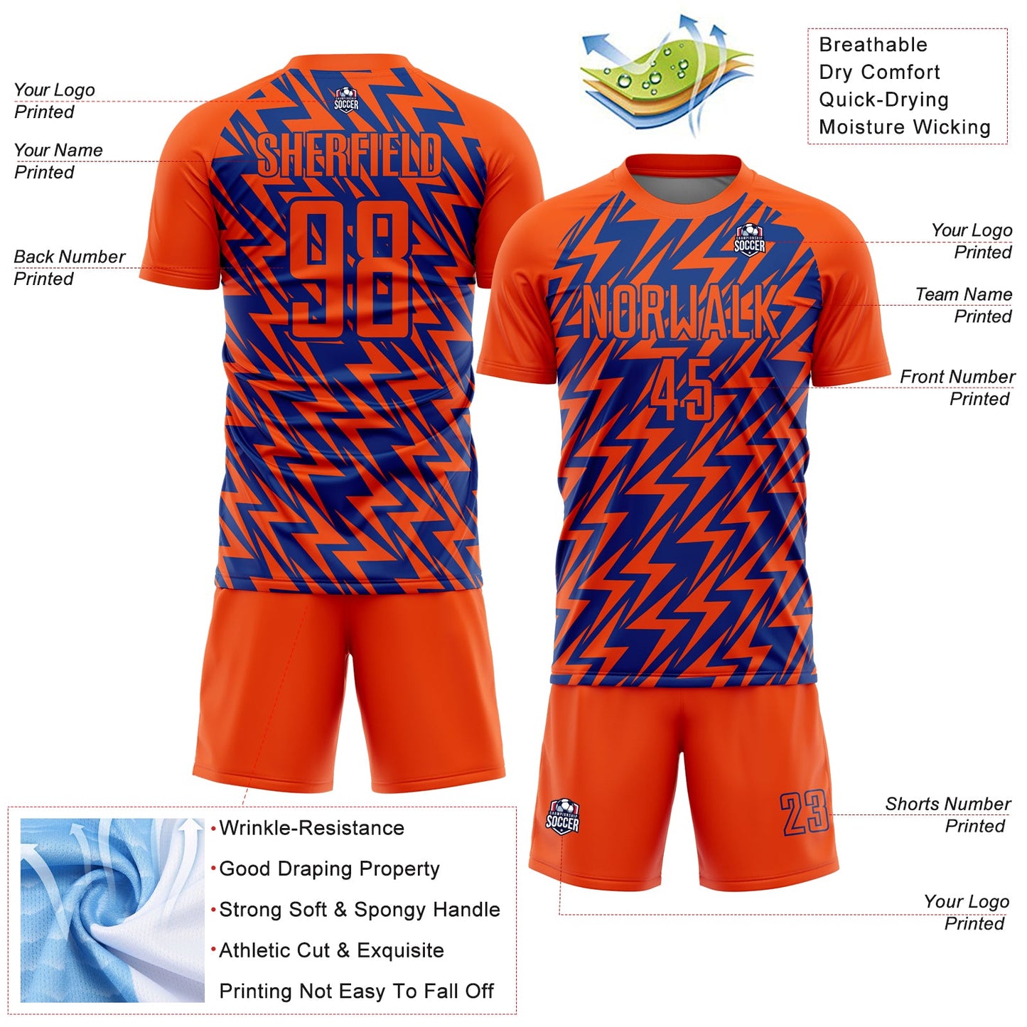 Custom Orange Royal Lightning Sublimation Soccer Uniform Jersey - Sky-Custom