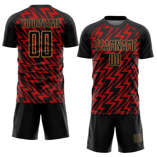 Custom Black Red-Old Gold Lightning Sublimation Soccer Uniform Jersey - Sky-Custom