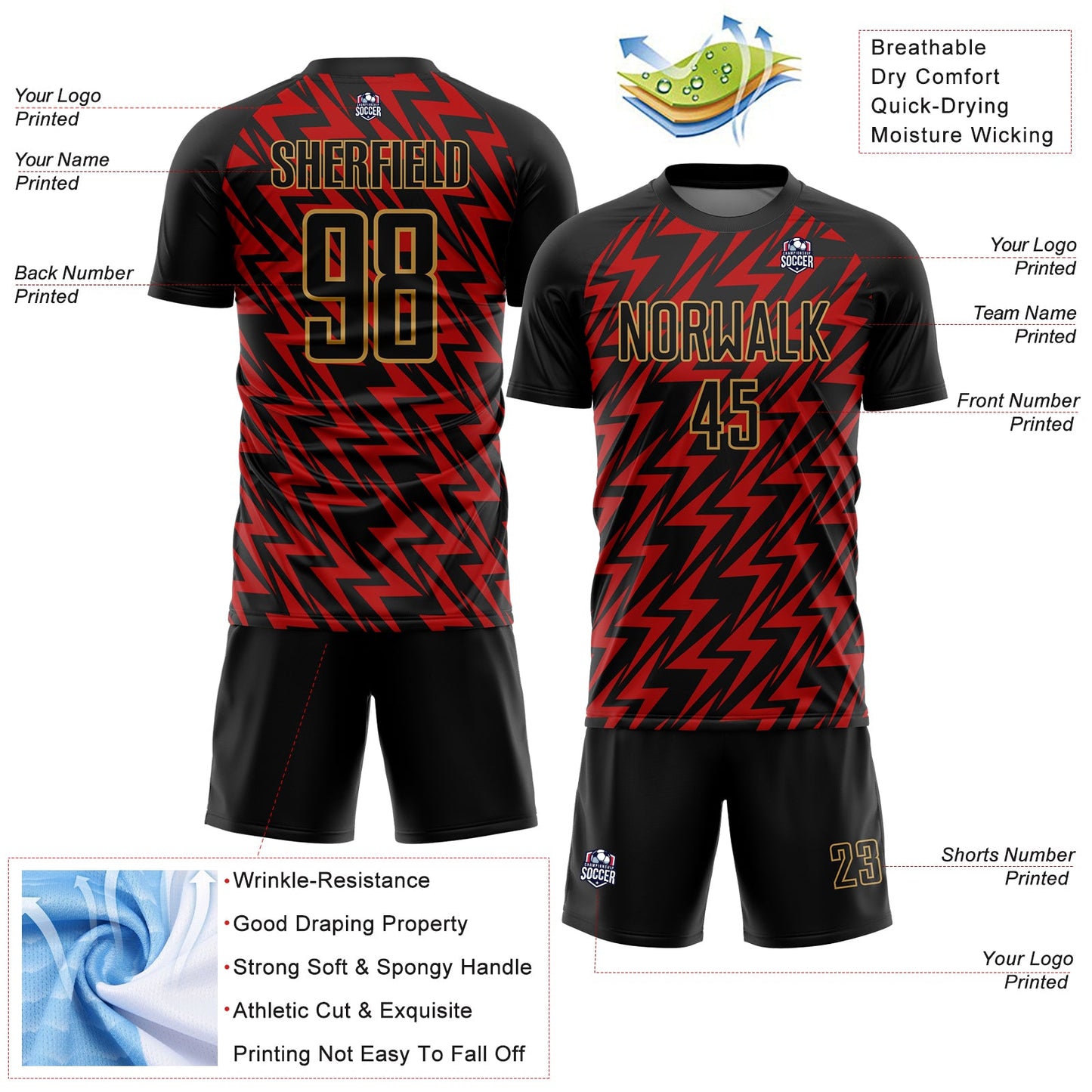 Custom Black Red-Old Gold Lightning Sublimation Soccer Uniform Jersey - Sky-Custom