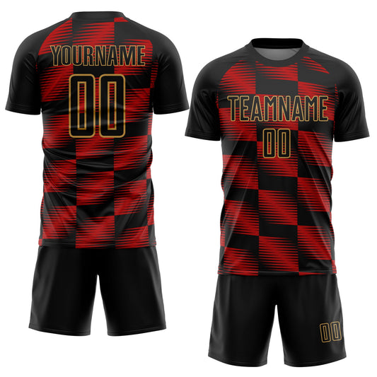 Custom Black Red-Old Gold Lines Sublimation Soccer Uniform Jersey - Sky-Custom
