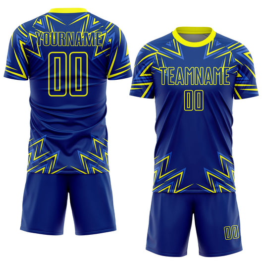 Custom Royal Neon Yellow Geometric Shapes Sublimation Soccer Uniform Jersey - Sky-Custom
