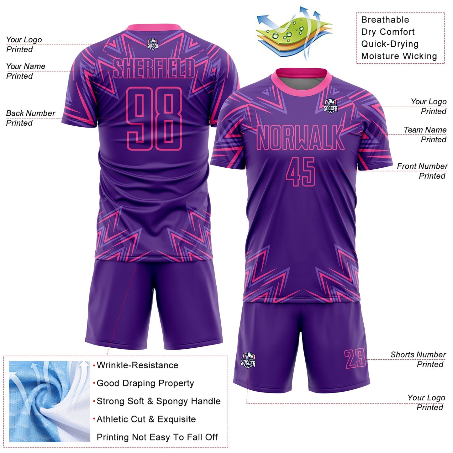 Custom Purple Pink Geometric Shapes Sublimation Soccer Uniform Jersey - Sky-Custom