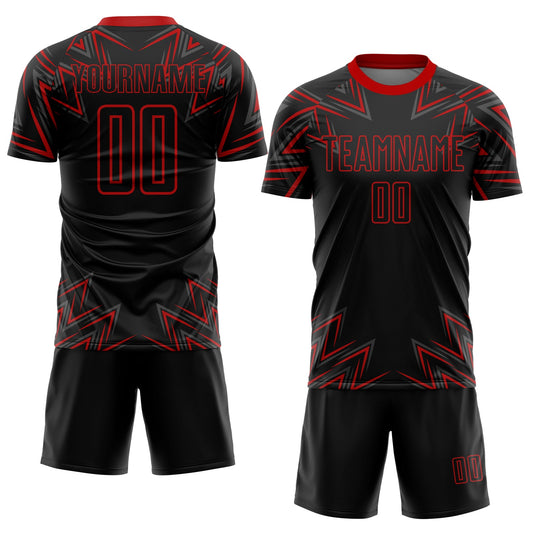 Custom Black Red Geometric Shapes Sublimation Soccer Uniform Jersey - Sky-Custom