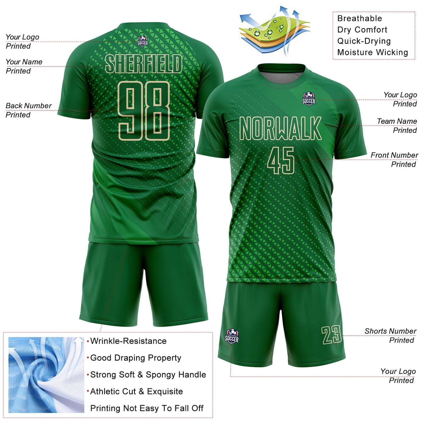 Custom Kelly Green City Cream Geometric Shapes Sublimation Soccer Uniform Jersey - Sky-Custom
