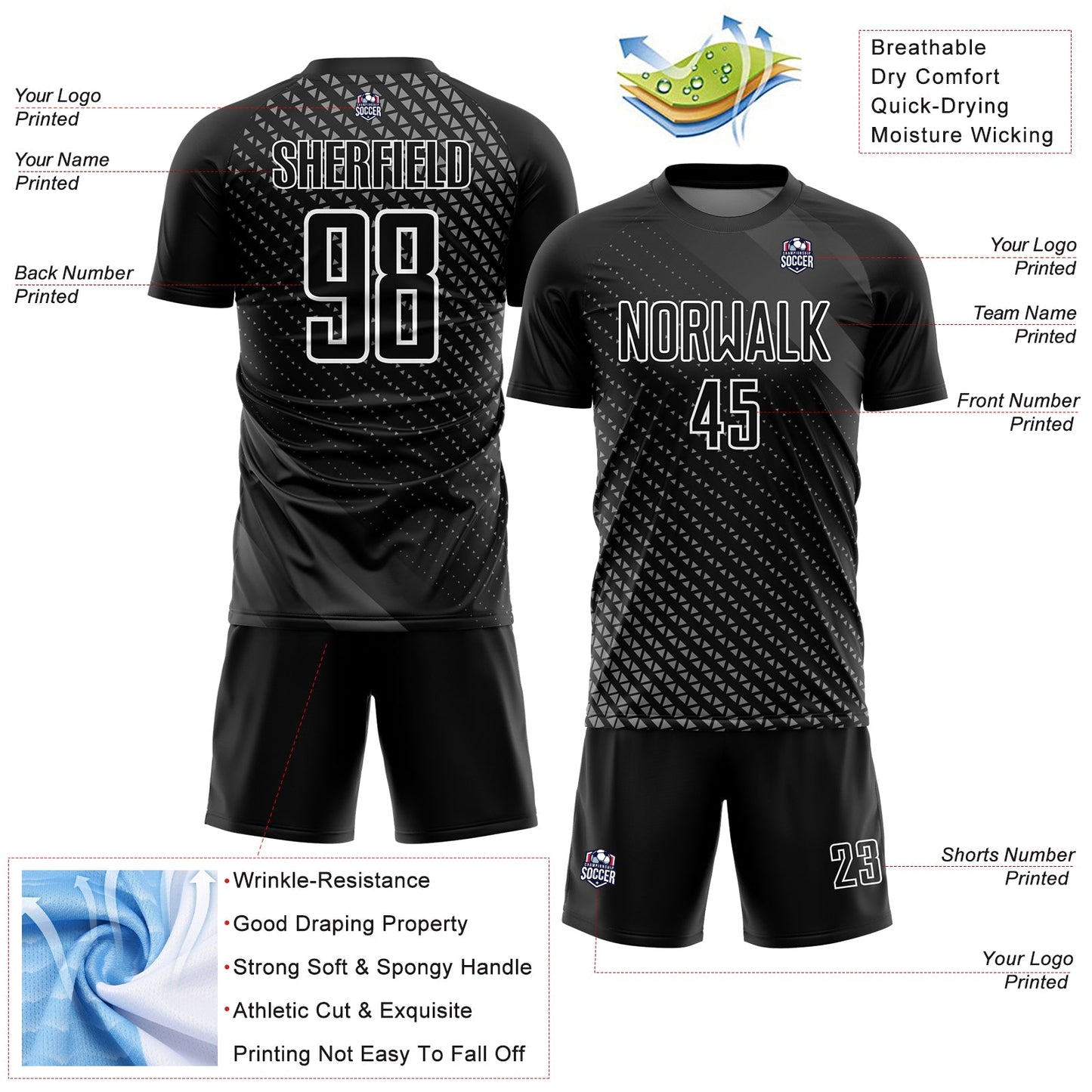 Custom Black White Geometric Shapes Sublimation Soccer Uniform Jersey - Sky-Custom