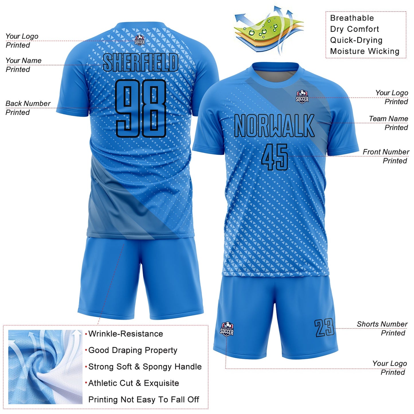 Custom Lakes Blue Black Geometric Shapes Sublimation Soccer Uniform Jersey - Sky-Custom