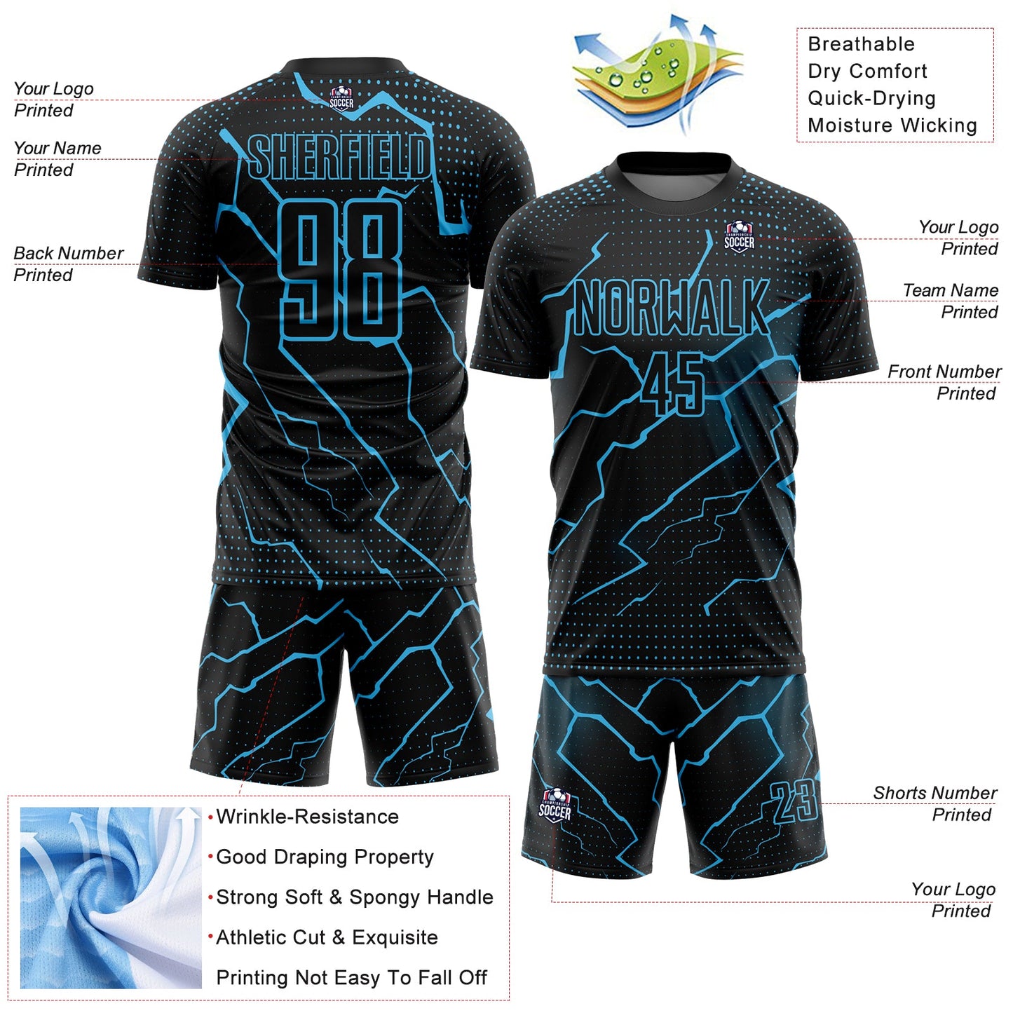 Custom Black Sky Blue Lightning Sublimation Soccer Uniform Jersey - Sky-Custom