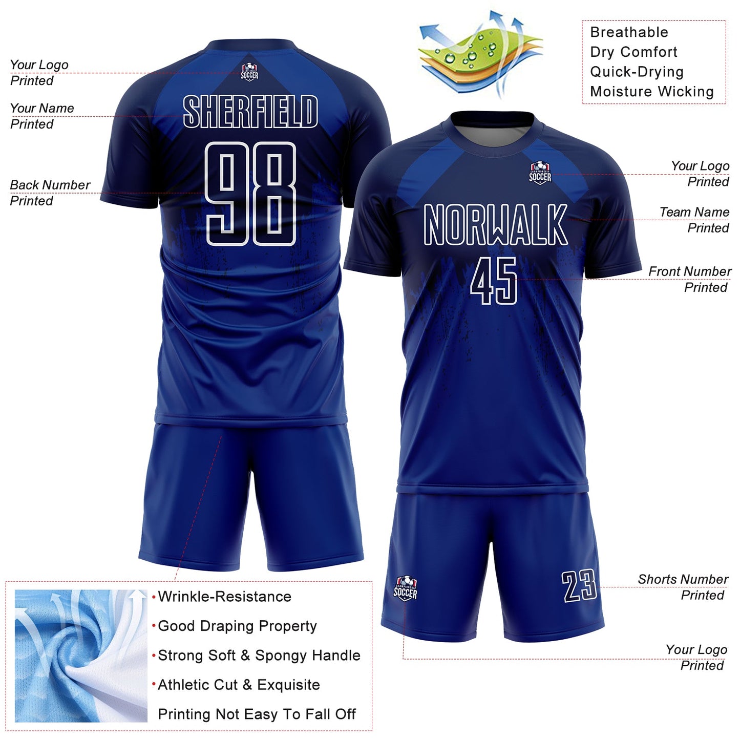 Custom Royal Navy-White Dripping Splatter Art Sublimation Soccer Uniform Jersey - Sky-Custom