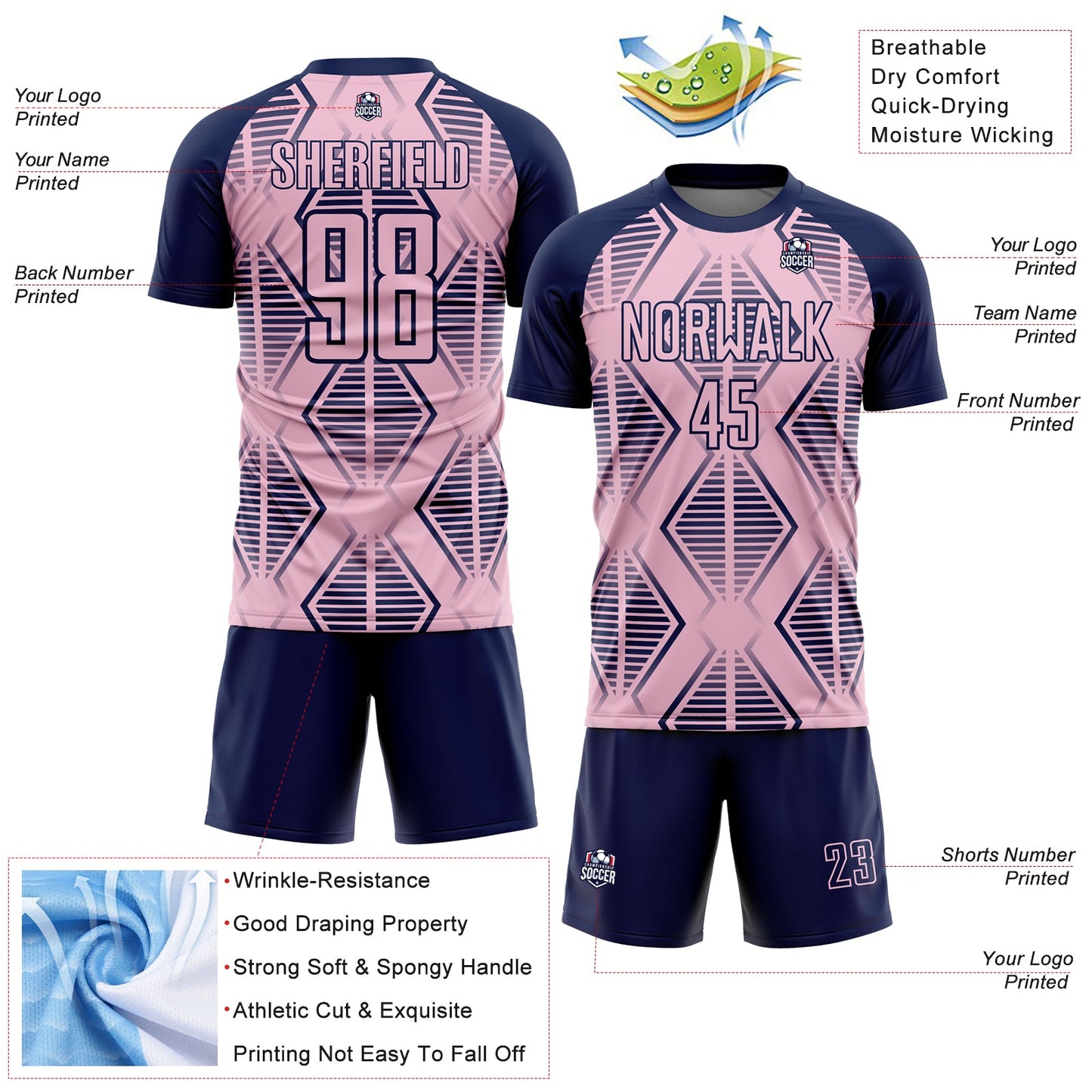 Custom Light Pink Navy Geometric Shapes Sublimation Soccer Uniform Jersey - Sky-Custom