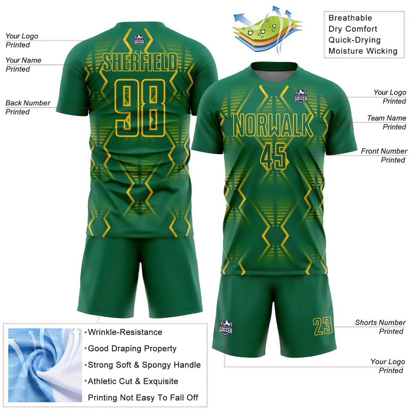 Custom Kelly Green Yellow Geometric Shapes Sublimation Soccer Uniform Jersey - Sky-Custom