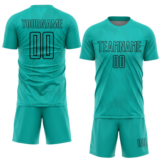 Custom Aqua Black Geometric Shapes Sublimation Soccer Uniform Jersey - Sky-Custom